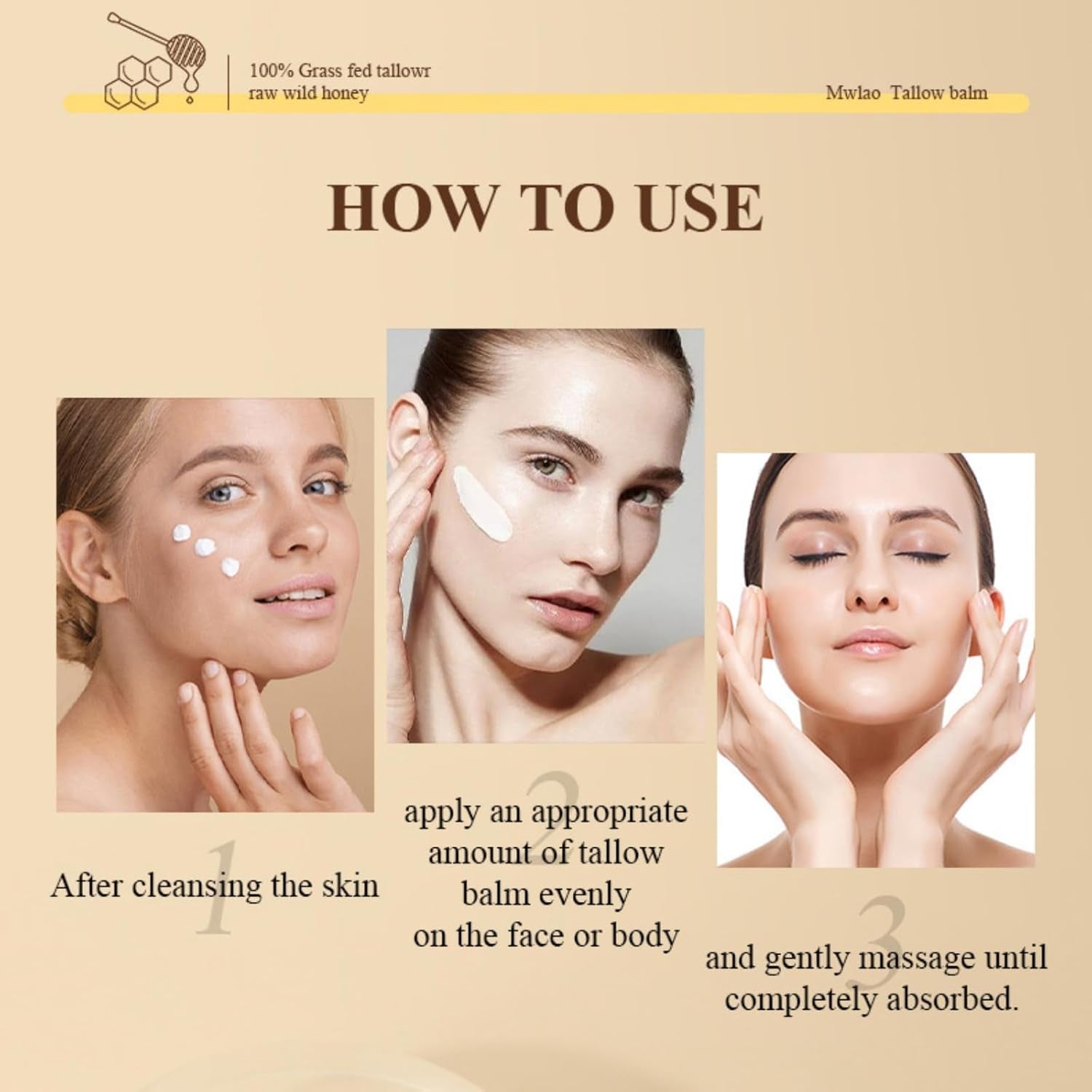 Tallow and Honey Balm, Beef Tallow for Skin, Natural Grass Fed Beef Tallow & Raw Wild Honey Balm, All-Natural Moisturizer for Face & Body, Tallow Balm for Skin Hydration, 2Oz (Honey, 1 Bottle)