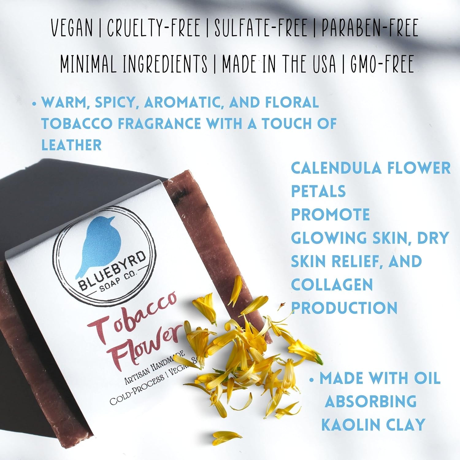 Tobacco Flower Blossom Bar Soap | Natural Organic Soap Ingredients | Vegan, Non-Gmo, Chemical Free Calendula Soap | Gentle Cleansing for Sensitive Skin (Blossom)