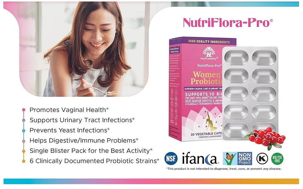 Nutriflora-Pro Probiotics for Women - Support Vaginal, Urinary Health (UTI), Digestive System, Period Pain, Yeast, and BV Relief, Cranberry Pills, 10 Billion CFU 6 Strains (30 Caps)