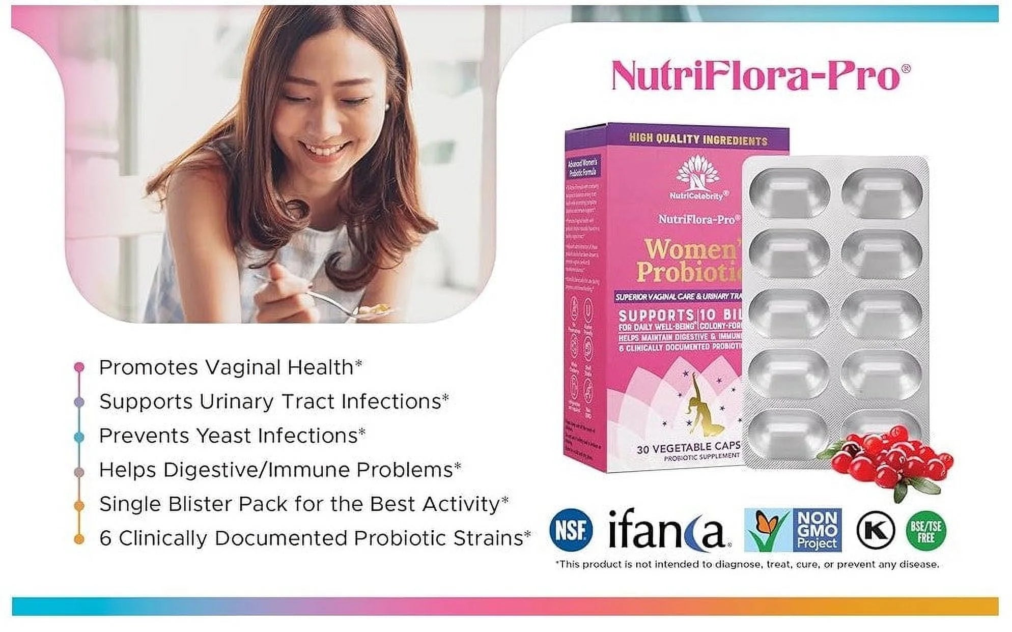 Nutriflora-Pro Probiotics for Women - Support Vaginal, Urinary Health (UTI), Digestive System, Period Pain, Yeast, and BV Relief, Cranberry Pills, 10 Billion CFU 6 Strains (30 Caps)